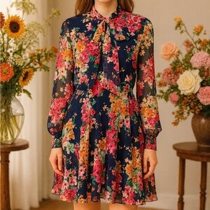 JayGodfrey Navy Pink Floral Jill Tie Neck Lined  Dress Size XS